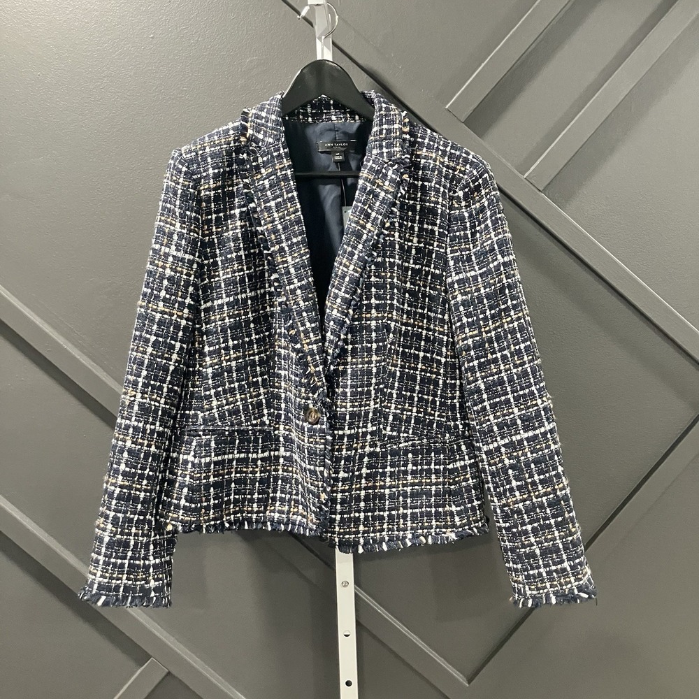 Ann Taylor Blazer Petite 14P NWT Tweed Navy Blue Fringe Trim Career Jacket